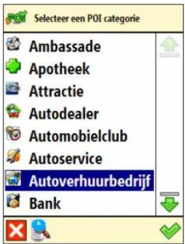 Selecteer een POI categorie Ambassade Apotheek Attractie Autodealer Automobielclub Autoservice Autoverhuurbedrijf Bank