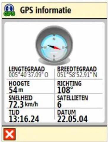 GPS informatie LENGTEGRAAD BREEDTEGRAAD 005°40'37.09" O 051°58'52.91" N HOOGTE 54 m RICHTING 108° SNELHEID SATELLIETEN 72.3 km/h 6 TIJD DATUM 13:16.24 22.05.04