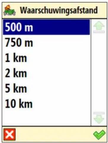Waarschuwingsafstand 500 m 750 m 1 km 2 km 5 km 10 km