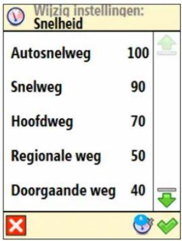Wijzig instellingen: Snelheid Autosnelweg 100 Snelweg 90 Hoofdweg 70 Regionale weg 50 Doorgaande weg 40