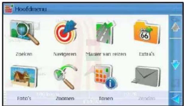 Hoofdimenu Zoeken Navigeren Manier van reizen Extra's Foto's Zoomen Tonen Zenden