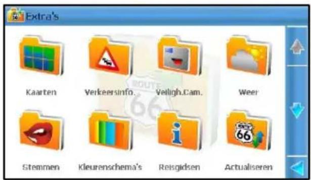 Extra's Kaarten Verkeersinfo... Veiligh.Cam. Weer Stemmen Kleurenschema's Reisgidsen Actualiseren