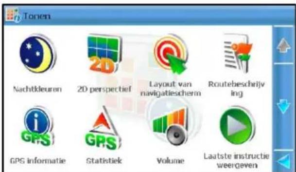 Tonem Nachtkleuren 2D perspectief Layout van navigatiescherm Routebeschrijving GPS informatie Statistiek Volume Laatste instructie weergeven