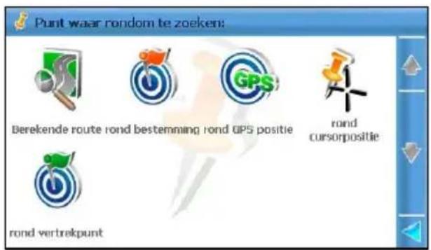 Punt waar rondom te zoeken: Berekende route rond bestemming rond GPS positie rand cursorpositie rond vertrekpunt