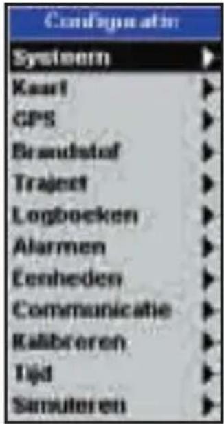 Configuration System Kaser GPS Brandstof Traject Logbocken Alarmen Lenheden Communicatie Kaliberen Tijd Simularen