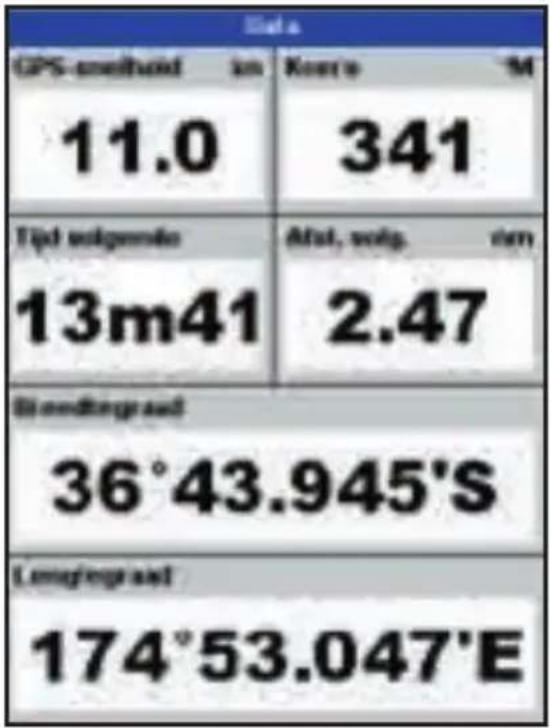 Data GPS-noelhand im Kureo M 11.0 341 Tijd volgende Alt, volg. om 13m41 2.47 Bondingsraat 36°43.945'S Lengingraat 174°53.047'E