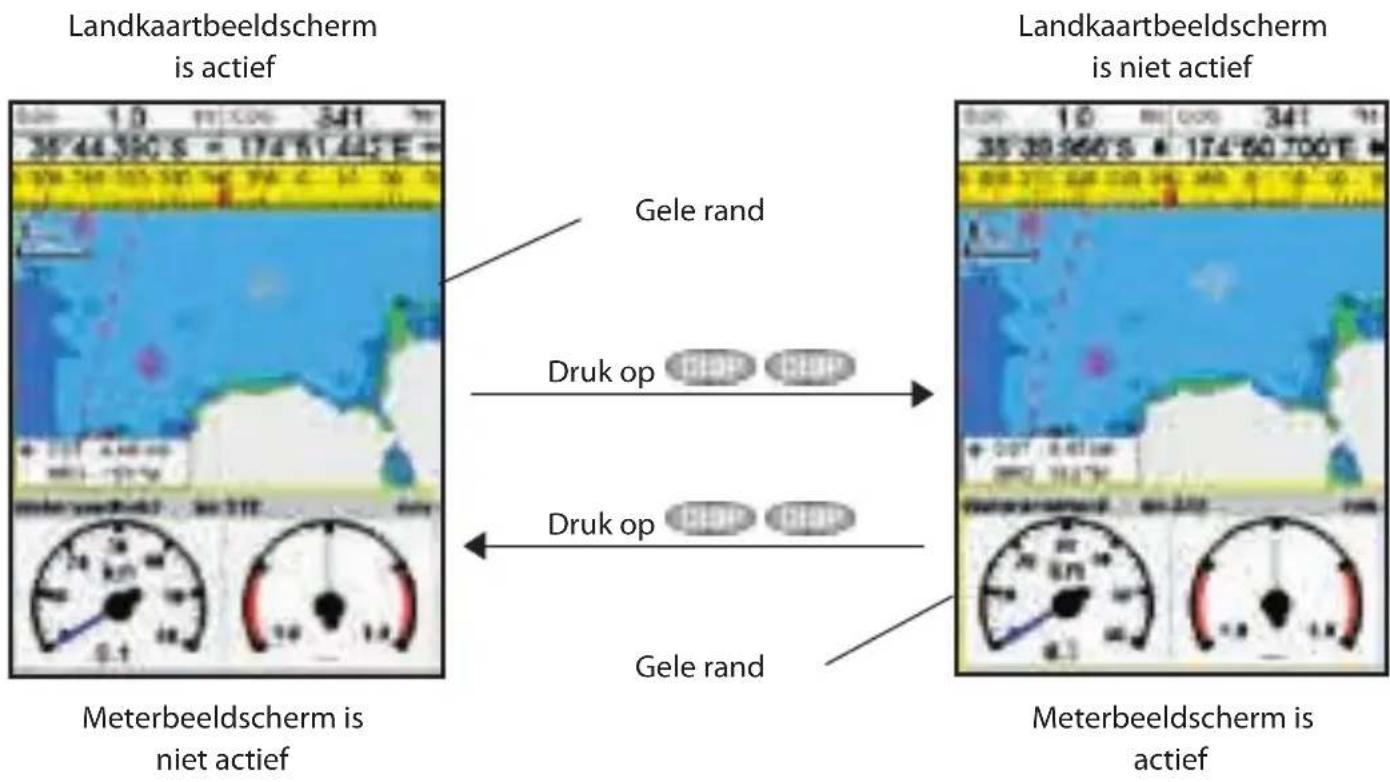 Landkaartbeeldscherm is actief Gele rand Druk op Druk op Meterbeeldscherm is niet actief Landkaartbeeldscherm is niet actief Gele rand Druk op Meterbeeldscherm is actief