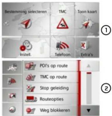 Bestemming selecteren TMC Toon kaart Instell. Telefoon Extra's POI's op route TMC op route Stop geleiding Routeopties Weg blokkeren
