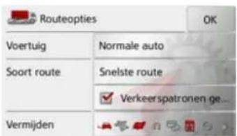Routeopties Voertuig Normale auto Soort route Snelste route Verkeerspatronen ge... Vermijden