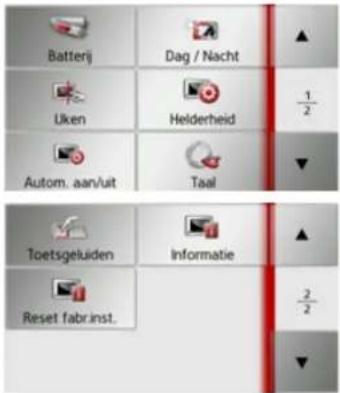 Batterij Dag / Nacht Uken Helderheid 1/2 Autom. aan/uit Taal Toetsgeluiden Informatie Reset fabrinst. 2/2