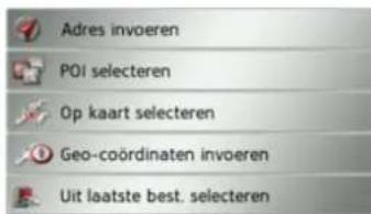 Adres invoeren POI selecteren Op kaart selecteren Geo-coördinaten invoeren Uit laatste best. selecteren