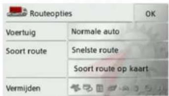 Routeopties OK Voertuig Normale auto Soort route Snelste route Soort route op kaart Vermijden
