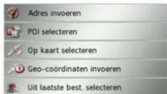 Adres invoeren POI selecteren Op kaart selecteren Geo-coördinaten invoeren Uit laatste best. selecteren