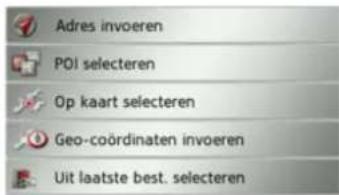 Adres invoeren POI selecteren Op kaart selecteren Geo-coördinaten invoeren Uit laatste best. selecteren