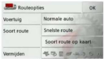 Routeopties OK Voertuig Normale auto Soort route Snelste route Soort route op kaart Vermijden