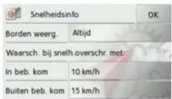 Snelheidsinfo Borden weerg. Altijd Waarsch. bij snelh.overschr. met: In beb. kom 10 km/h Buiten beb. kom 15 km/h OK