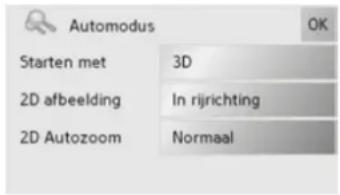 Automodus Starten met 3D 2D afbeelding In rijrichting 2D Autozoom Normaal