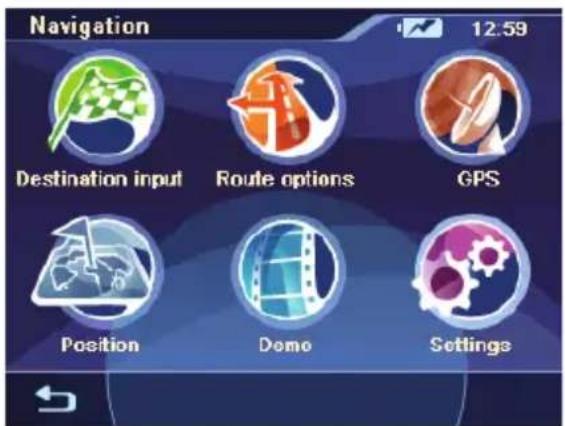 Navigation 12.59 Destination input Route options GPS Position Demo Settings