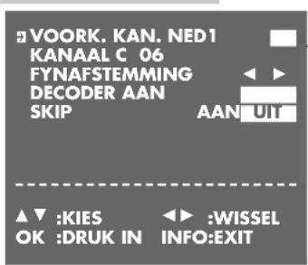 VOORK, KAN, NED1 KANAAL C 06 FYNAFSTEMMING DECODER AAN SKIP AAN: UIT ▲▼ :KIES OK :DRUK IN ◄► :WISSEL INFO:EXIT