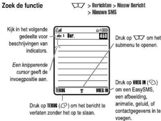 Zoek de functie > Berichten > Nieuw Bericht > Nieuwe SMS Kijk in het volgende gedeelte voor beschrijvingen van indicators. Een knipperende cursor geeft de invoegpositie aan. Druk op om het submenu te openen. Druk op VOEG IN ( ) om een EasySMS, een afbeelding, animatie, geluid, of contactgegevens in…