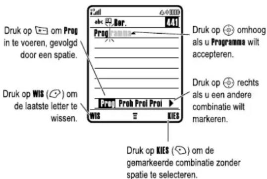 Druk op om Prog in te voeren, gevolgd door een spatie. Druk op WIS ( ) om de laatste letter te wissen. Druk op Proh Proi Proi WIS KIES Druk op omhoog als u Programma wilt accepteren. Druk op rechts als u een andere combinatie wilt markeren. Druk op KIES ( ) om de gemarkeerde combinatie zonder spatie…