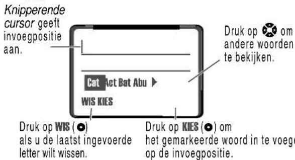 Knipperende cursor geeft invoegpositie aan. Cat Act Bat Abu ▶ WIS KIES Druk op WIS (●) als u de laatst ingevoerde letter wilt wissen. Druk op KIES (●) om het gemarkeerde woord in te voege op de invoegpositie.