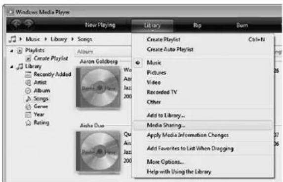 TEAC CR-H700S - På Windows Media Player, öppna "Bibliotek", därefter "Mediedelning...". - 1