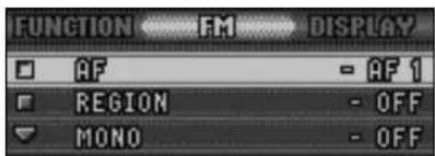 FUNCTION FM DISPLAY AF - AF 1 REGION - OFF MONO - OFF