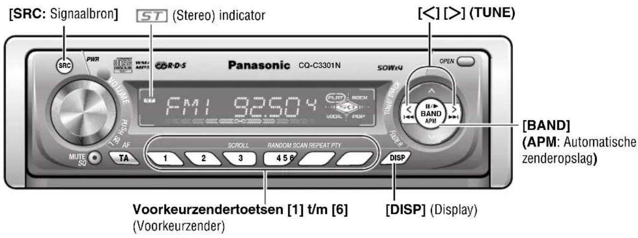 [SRC: Signaalbron] ST (Stereo) indicator [<] [>] (TUNE) SRC PWR USB/MP3 NOLUME COR-D-S Panasonic CQ-C3301N SOW4 OPEN TUBE TRACK FLUT: ROCH UOIL: POP MUTE SO TA SCROLL RANDOM SCAN REPEAT PTY 1 2 3 4 5 6 Voorkeurzendertoetsen [1] t/m [6] (Voorkeurzender) BAND (APM: Automatische zenderopslag) DISP (Display) [BAND] (APM: Display)