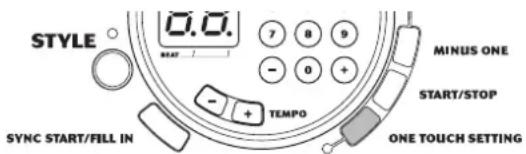 STYLE 0.0. BEAT 7 8 9 - 0 + MINUS ONE START/STOP TEMP0 SYNC START/FILL IN ONE TOUCH SETTING