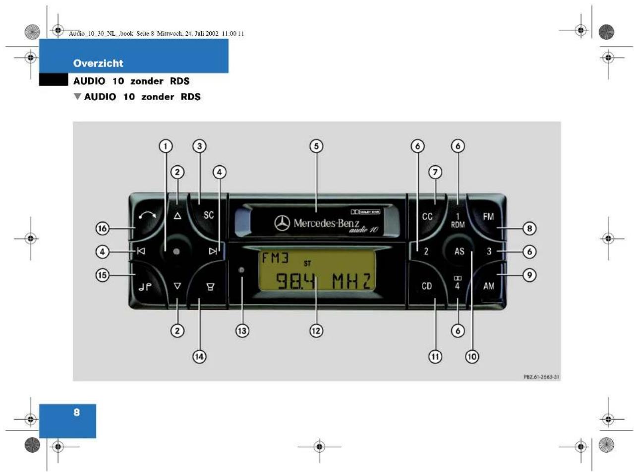 Audio_10_30_NL_book_Sate 8_Mittwoch, 24_Juli 2002_11:00:11 Overzicht AUDIO 10 zonder RDS ▼ AUDIO 10 zonder RDS 1 3 5 6 7 2 4 6 SC Mercedes-Benz audio_10 CC 1 RDM FM FM3 ST 98.4 MHz CD 4 AM 16 2 4 6 8 15 16 2 3 6 JP V B 12 13 14 11 10 PBZ-61-2653-31 8