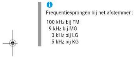 i Frequentiesprongen bij het afstemmen: 100 kHz bij FM 9 kHz bij MG 3 kHz bij LG 5 kHz bij KG
