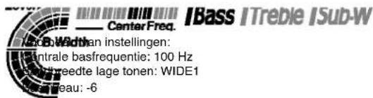 I Bass iTreble iSub-W Center Freq. B. Wadhan instellingen: Centrale basfrequentie: 100 Hz and breedte lage tonen: WIDE1 T. Treau: -6