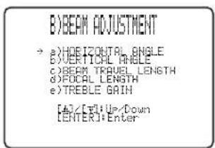 BYBEAM ADJUSTMENT → a) PERIODRAL ANGLE b) VERTICAL ANGLE c) BEAM, TRAVEL LENGTH d) FOCAL LENGTH e) TREBLE GAIN EAT/CE: Up/Down ENTER: Enter