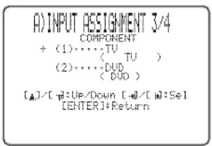 A)INPUT ASSIGNMENT 3/4 COMPONENT ÷ (1)----TU (2)----DUD (< DUD) [▲]/[●]=UP/Down [●]/[●]=Sel [ENTER]+Return