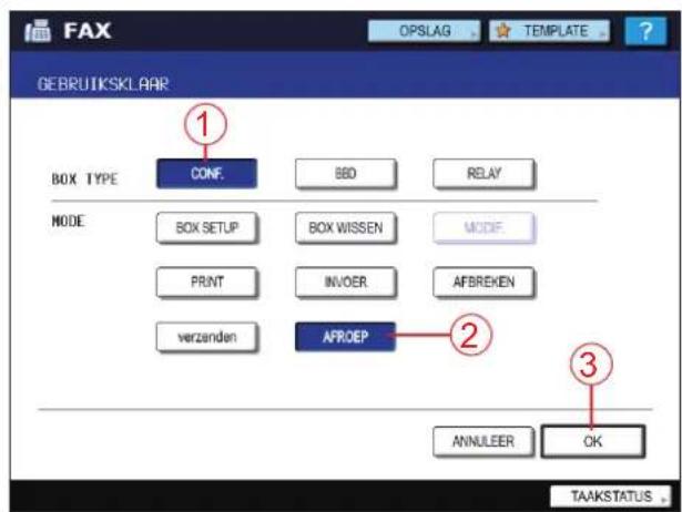 FAX OPSLAG TEMPLATE GEBRUTIKSKLAAR BOX TYPE 1 CONF. BED RELAY MODE BOX SETUP BOX WISSEN MODE PRINT INVOER AFBREKEN verzenden AFROEP 2 3 ANNULEER OK TAAKSTATUS