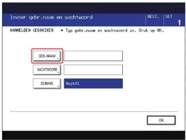 Invoer gebr.naam en wachtwoord REST. SET AANMELDEN GEBRIJKER ▶ Typ gebr.naam en wachtwoord in. Druk op OK. GEB-NAAM WACHTWOORD DOMAIN Dept01 OK
