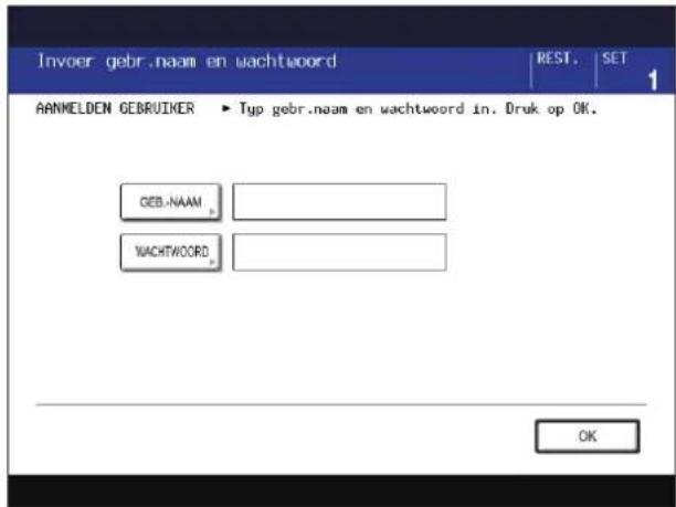 Invoer gebr.naam en wachtwoord REST. SET AANMELDEN GEBRUIKER ▶ Typ gebr.naam en wachtwoord in. Druk op OK. GEB.NAAM WACHTWORD OK