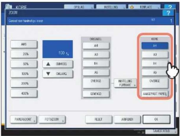 KOPIE OPR.AG INSTELLING TEMPLATE ? ZOOM Correct your handbridge under SET 1 AMS 25% 50% 100% 200% 400% 100 ONMOOG ONLAAG ORIGINAL A4 A3 B4 A5 OVERGE GEMENCI INSTELLING FORMANT KORE A4 A3 B4 A5 OVERGE ANGEPAST PAPER PAMERSOORT FOTOZOOM RESET AMBIEN OK 11:28 TAAKSI AUS