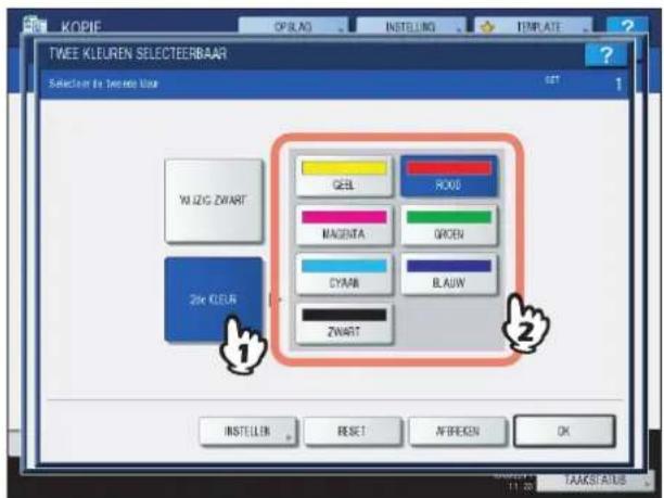 TWEE KLEUREN SELECTEERBAAR Selection to Selecter Waar YU ZEG ZHART Zie KLEUR GEEL ROOD MAGENTA GREEN CYAMK BLAUN ZWART INSTELLIN RESET AFIREEN OK 1 2 11.20 TAAKSI AUS