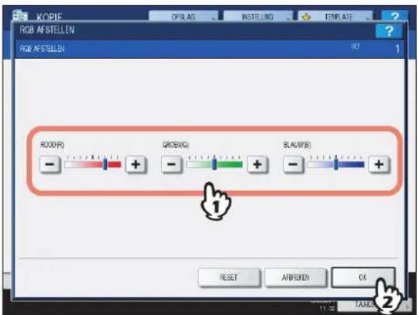 KOPLE RGB AFSTELLEN RGB AFSTELLEN SET 1 RGB(R) GRO(B) BLAW(B) - + + + + + RESET A#B#EN OK 1 2