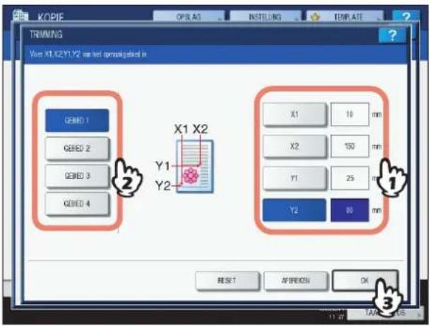 KOPF OPR.A1 INSTEUNG TEMPLATE TRIMNING View X1.02Y1.02 var net opmsqjabed in X1 X2 Y1 Y2 X1 10 mm X2 150 mm Y1 25 cm Y2 80 mm RESET AFREKEN OK ② ① ③
