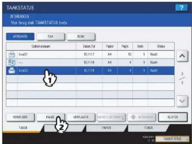 TAAKSTATUS AFDRUKEN Voor terug disk TAAKSTATUS toets AFDRUKEN FAX SCAN Gebruikssam Datum,TM Paper Page's Sets Status User01 10.1117 A4 10 1 Wacht ---. 10.1118 A4 4 1 Wacht User02 10.1119 A4 4 1 Wacht VERWINDER PAUSE VEPLAATS HERBISUM DRINATE AFDRUKEN SLUTEN TAKEN PAPER TONER TAAKSTATUS 11:10