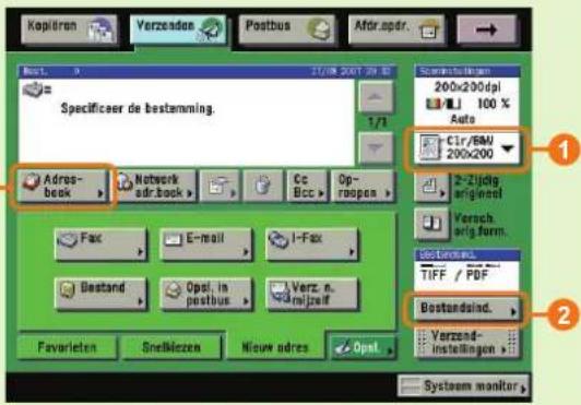 Kapitiran Verzendeer Postbus Afdr.spdr. Best. 20/08/2007.09.13 Specificeer de bestemming. 1/1 Adres-book Network sdr.book Cc Bcc Op- raspen Fax E-mail I-Fax Bestand Opel. in postbus Verz. n. dml/paf Favarielen Sneliezen Nieuw adres Opal Spanninglungen 200x200dpi 100 % Auto C1r/6M 200x200 Z-Jüdig originel Versch. orig.furn. Systenlungs: TIFF / PDF Bestandsland. Verzand- instellingen > System monitor ① ②