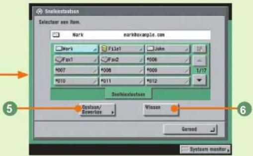 Snelkostoutson Selecter een Nom. Mark markexample.com Mark File1 John Fax1 Fax2 *006 *007 *008 *009 1/17 *010 *011 *012 Snelkostoutson System/ Bewerke Wissen Gensed System monitor