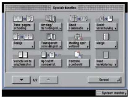 Special functions Twex-paging scheduling Omslog/Scholdingsl Beeld-combinuate Beeld-verschulving Beekje Transparant schedulingsl Melding sprd. voltooid Merge Verschillende ergi.formaten Opdracht-somenatel Contrôle sconheeld Rand-verrijdering 1/2 Gered System monitor
