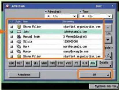 Adresbook = Adresbook • Altio • Type • Altio Type | Name | Startboxy Share Folder starfish.organization.com John john@example.com Manual team 2 Vermelding(en) Silvia 1230000000 Mark mar@example.com Nancy nancy@example.com Share Folder starfish.organization.com ABC DEF GH JL MNO PDR STU VWX YZ 0-9 Altio Details Annularen OK System monitor