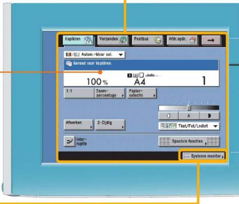 Koplaren Verzenden Postbus Afdr.opdr. Autom.-Mour sel. Gereed voor koplaren. 100% Auto A4 1 1:1 Zoom- percentage Papier- selectie Afverkan 2-Zijdig Tkst/Fot/Lndkrt Inter- ruptie Speciale functies Systeem monitor