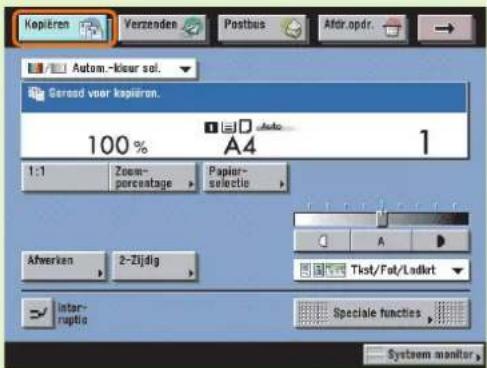 Kopiëren Verzenden Postbus Afor.opdr. Autom.-kleur sol. Geread voor kopiëron. 100% A4 1 1:1 Zoom- percentage Papië- selectie Aferken 2-Zijdig Tkt/Fol/Lodkrt Inter- ruptio Speciale functies System monitor