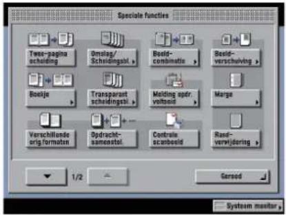 Speciale functions Twee-pagina scholding Omslag/Scheldingsel Boeld-combinuate Boeld-verschulving Bootje Transparent scholdingel Molding sprd. volbend Merge Verschillende orig formaten Opdracht-samenstel Contrate scanbeeld Read-verwijdering 1/2 Gered System monitor
